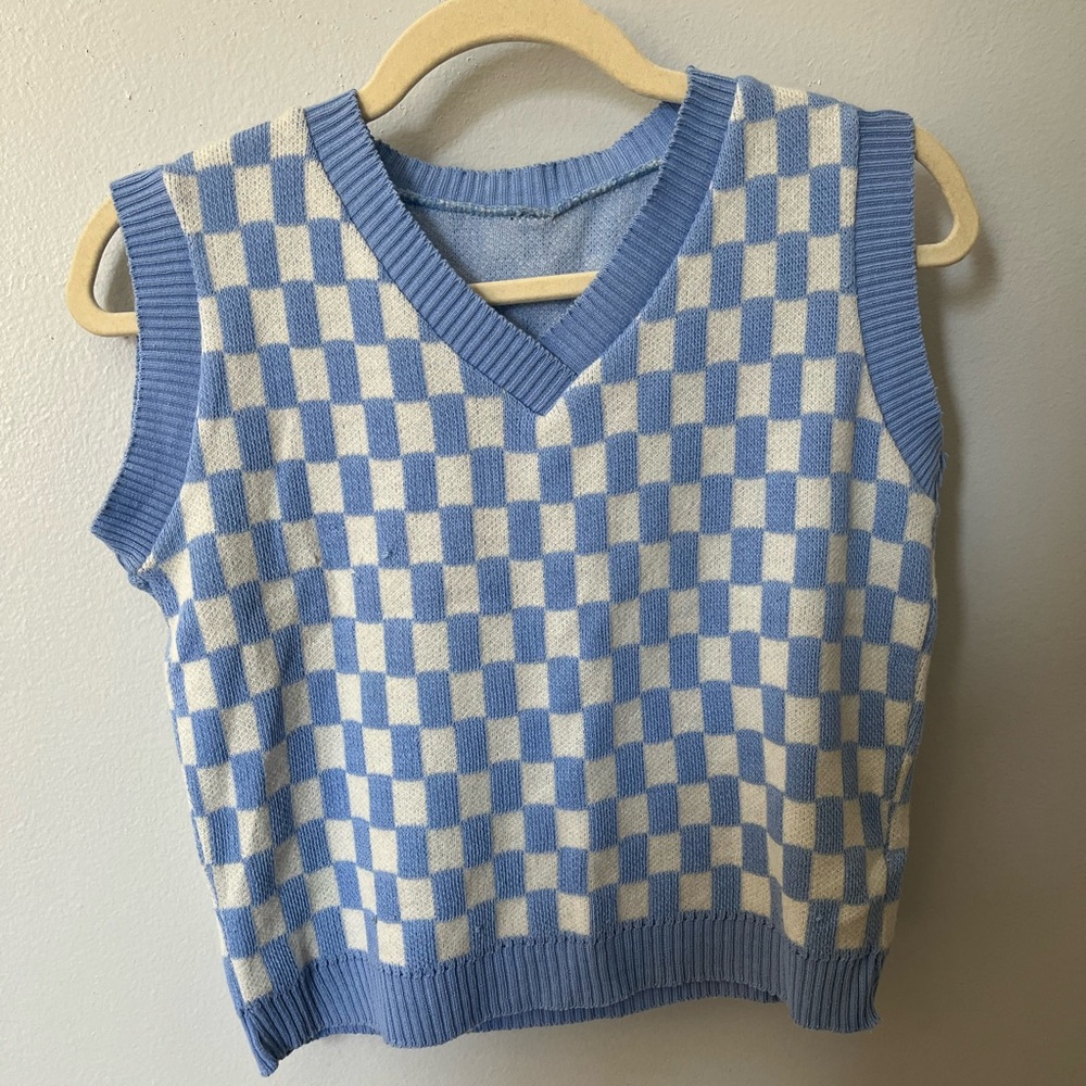 Blue and White Checkered Sweater Vest